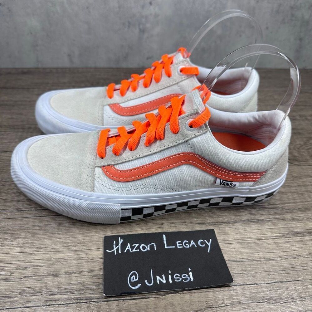 Vans~Mens~Old Skool Pro Shoes White Orange Checkerboard Skate‎ Sneakers~Size 6